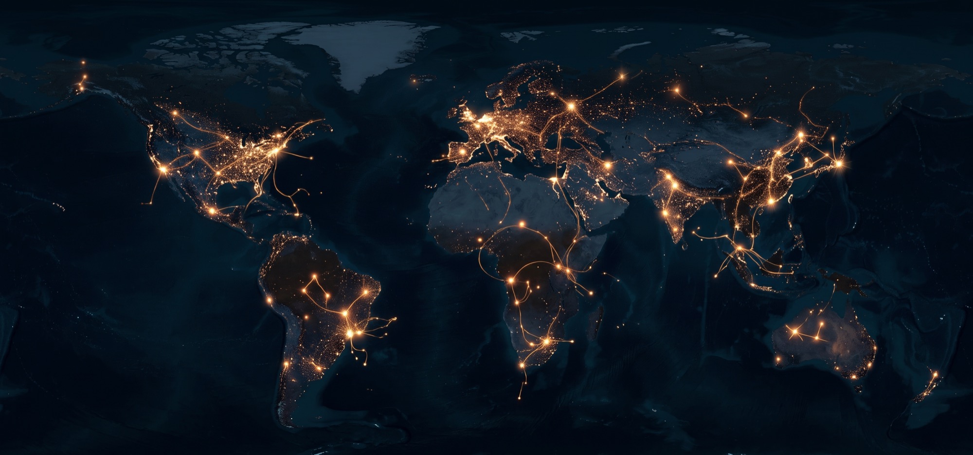 A world map at night, glowing points connected by golden threads.