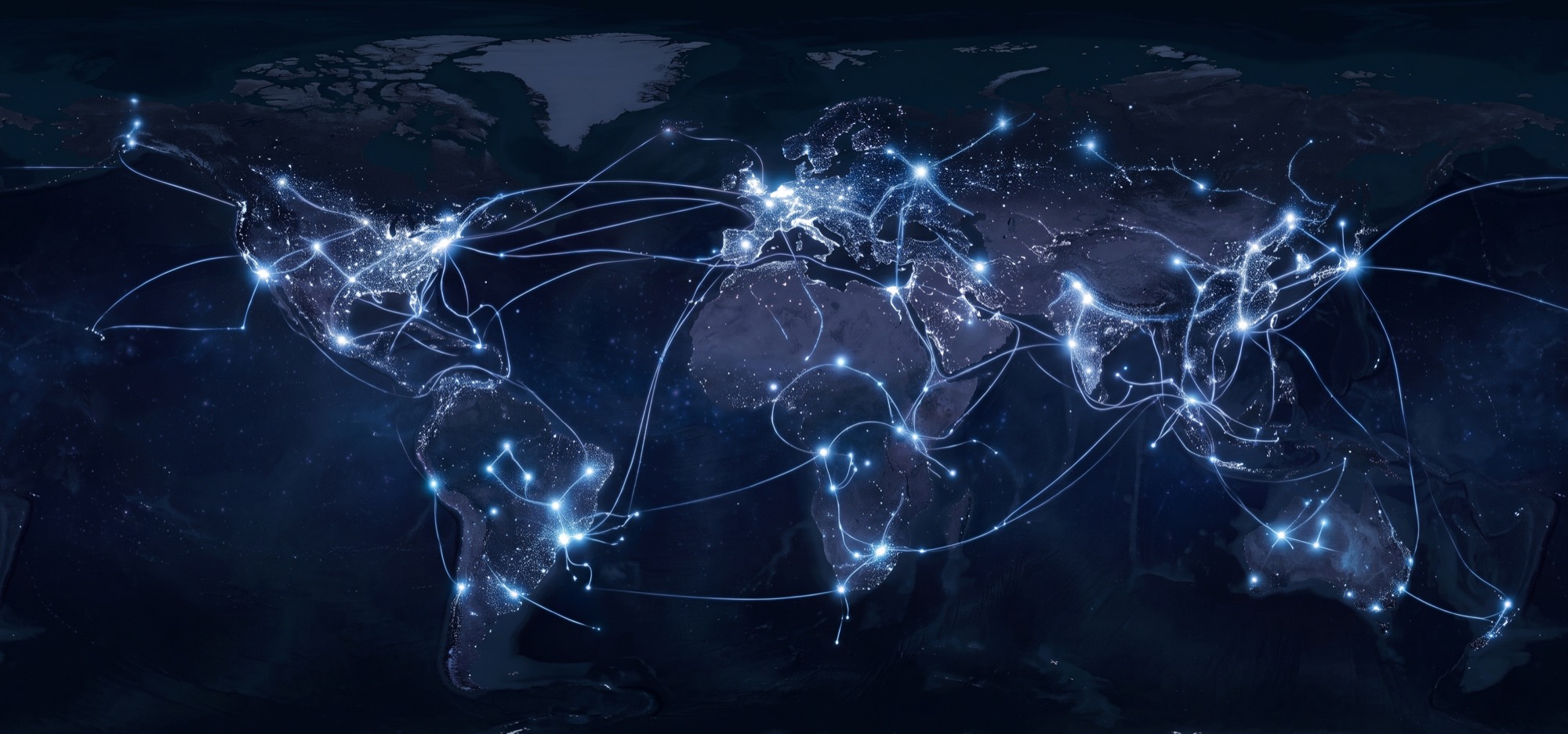 A world map at night, glowing points connected by blue threads.